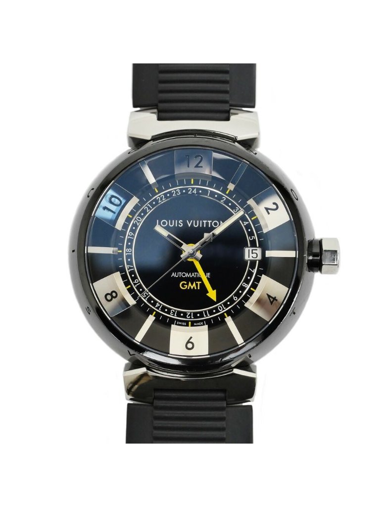 Louis Vuitton Tambour In Black Gmt Dial Stainless Steel Rubber Quartz Watch